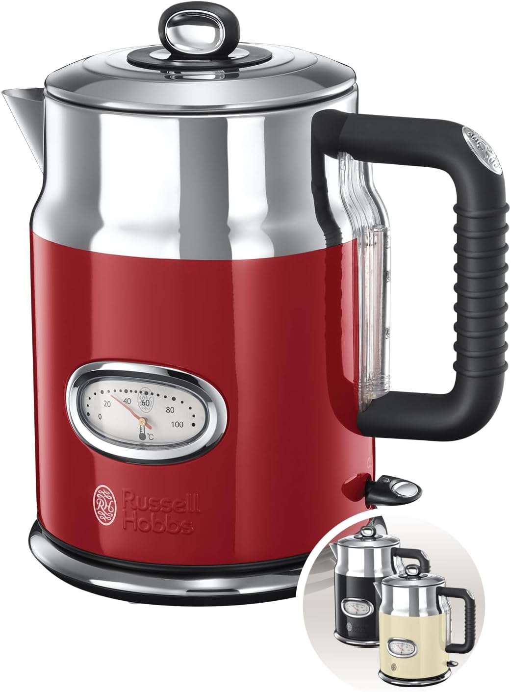 Bouilloire Electrique (Design Vintage Premium) Retro Rouge (1,7L, Ebullition Rapide, Jauge Température + eau, Couvercle Amovible) 21670-70