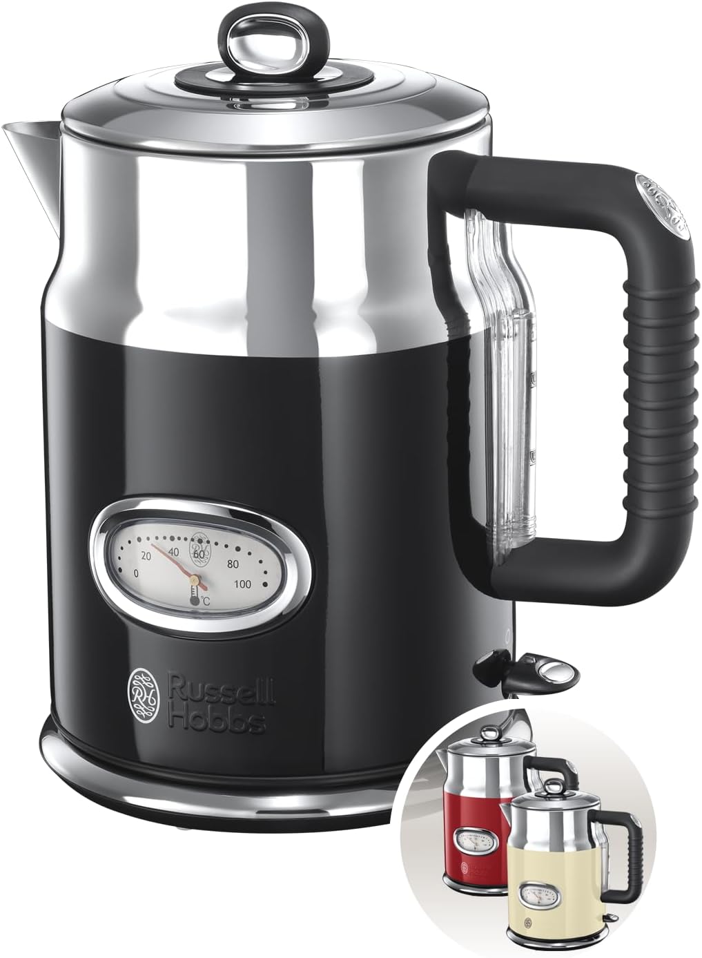Bouilloire Electrique (Design Vintage Premium) Retro Noire (1,7L, 2400W, Ebullition Rapide, Jauge Température Rétro,Marqueurs 1-2-3 tasses,Ecoulement,Couvercle Amovible) 21671-70