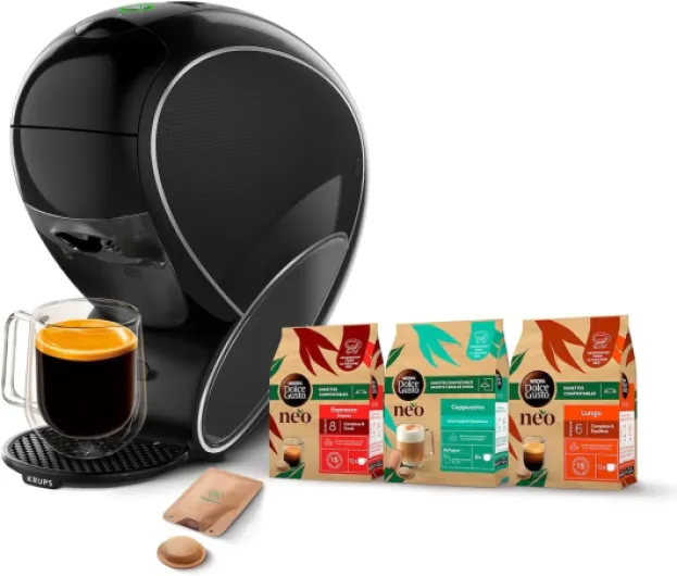 Dolce Gusto NEO Coffee Machine by Krups, Machine à café + 3 boites de dosettes compostables (Espresso, Lungo, Cappuccino), Cafetière multi-boissons connectée YY5242FD