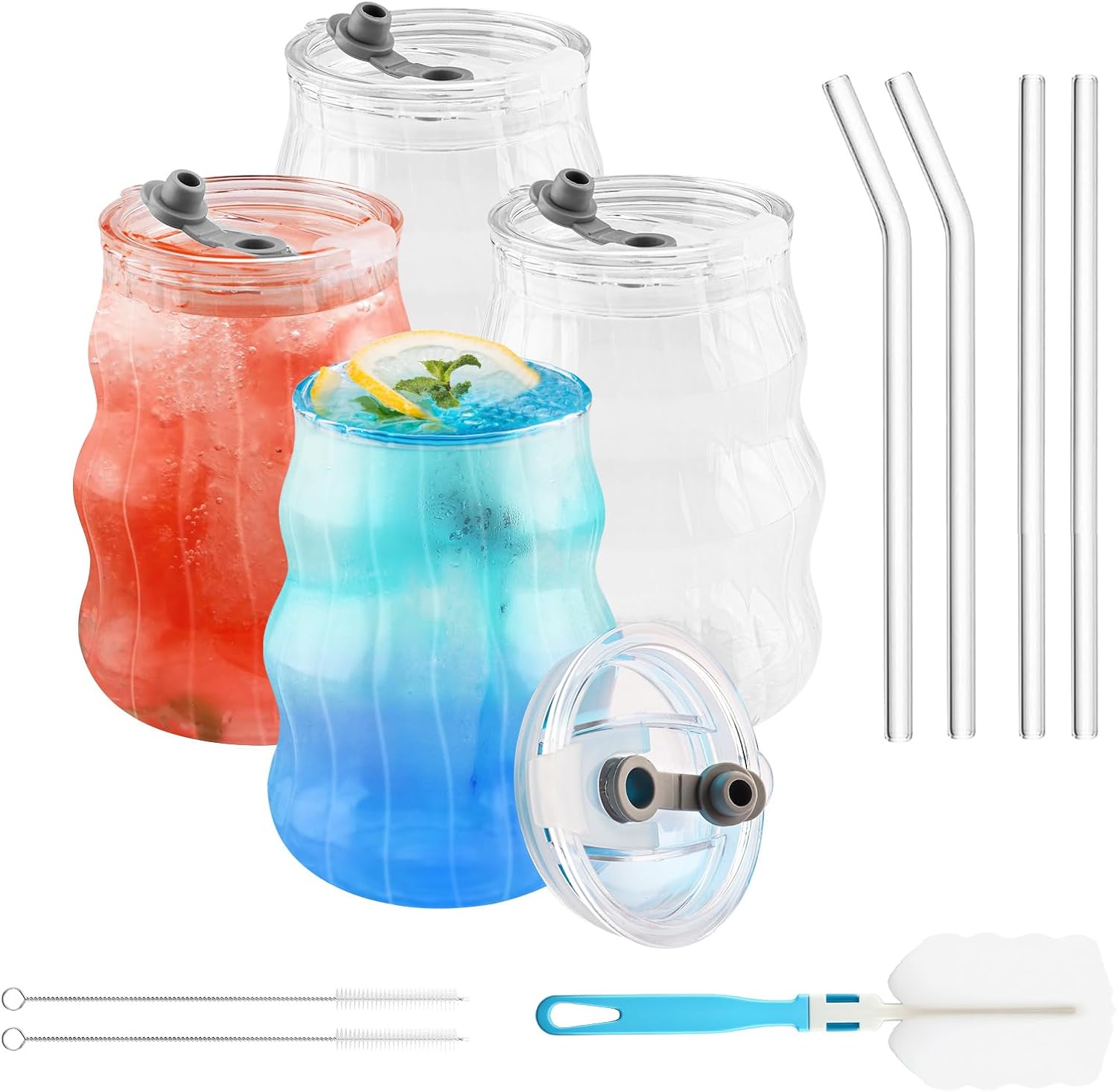 Zosenyer 4 PCS Verre avec Paille et Couvercle, 450ml Ensemble de Cocktail équipé D'une Brosse à Tasse et D'une Brosse à Paille, Matcha Latte pour Faire du Café Glacé, Mojito, Smoothie