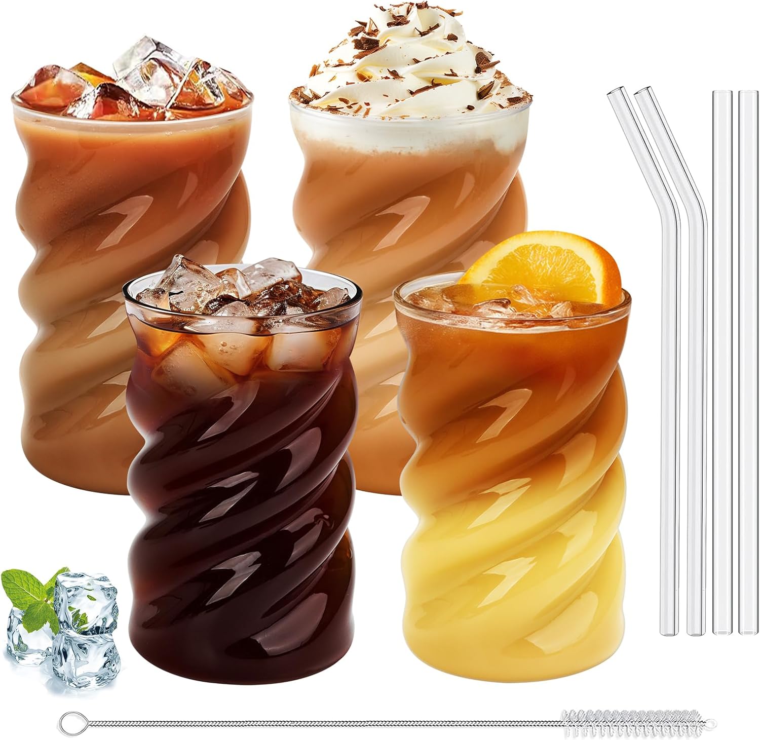 SILRIVES Verre Avec Paille, Set de 4 Tasses à Matcha Latte de 500 ml Avec Paille en Verre à Café, Convient Pour Mojito, Bubble Tea, Cocktail, Café Glacé, Smoothie, Milkshake 4 Transparent -500ML