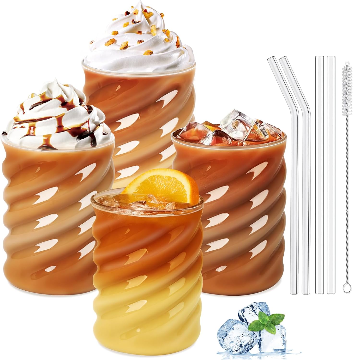 SILRIVES Verre Avec Paille 350 ml 4 Pièces, Set de Verres Latte Avec Paille, Tasse à Café Glacé, Matcha, Mojito,Verre à Bière,Cocktail,MilkShake,Smoothie 4 Large