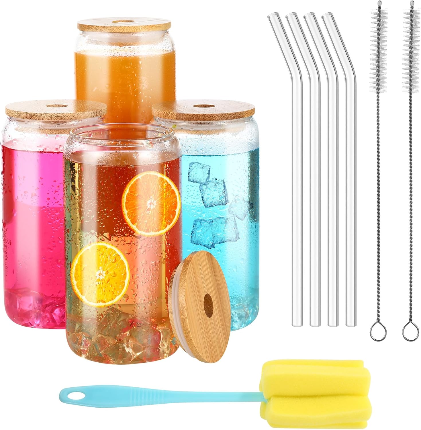Lot de 4 verre avec paille, 500 ml de verre avec couvercle et paille, peuvent être utilisés comme gobelet à boire, tasse à cola, bubble tea, tasse à cocktail, tasse à café, smoothie