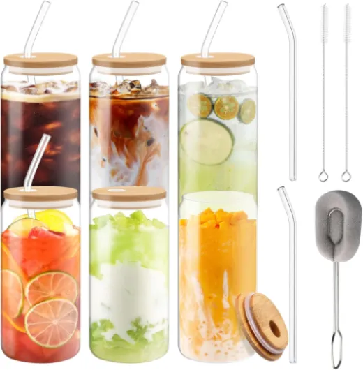 TAVADA Verre Canette,Tasses en Verre en Forme de Canette,6 pièces Verres à Cocktail,Verre Bubble Tea,Bubble Tea Cup Avec Couvercle 500 Ml,Verre Canette pour Smoothie,Bière,Cocktail,Cafe,Soda,Cola