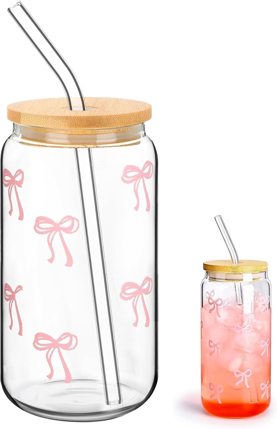 Qaestuan Gobelet en Verre avec Couvercle et Paille, Design Noeud Rose, 500ml Verre Bubble Tea, Verres Tendance et élégant, Réutilisables Gobelet en Verres, pour Café Glacé, Cocktail, Soda