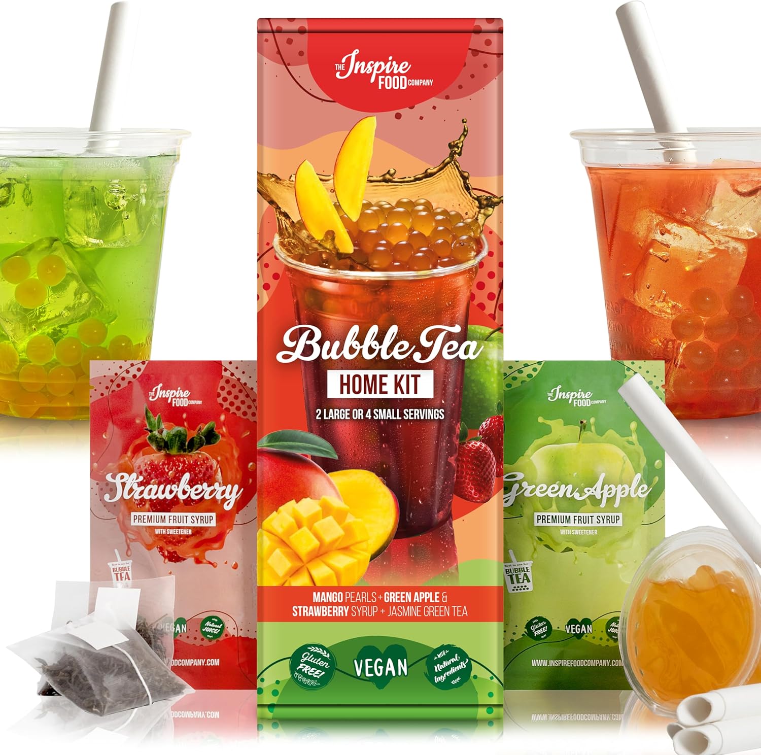 INSPIRE FOOD Bubble Tea Kit Complet - Bubble Tea Perles Mangue, Sirop de Fraise, Sirop de Pomme Verte, 4x Pailles + 2x Thé au Jasmin - 100% vegan, sans gluten, sans colorants artificiels Perles Mangue, Sirop de Fraise & Pomme Verte