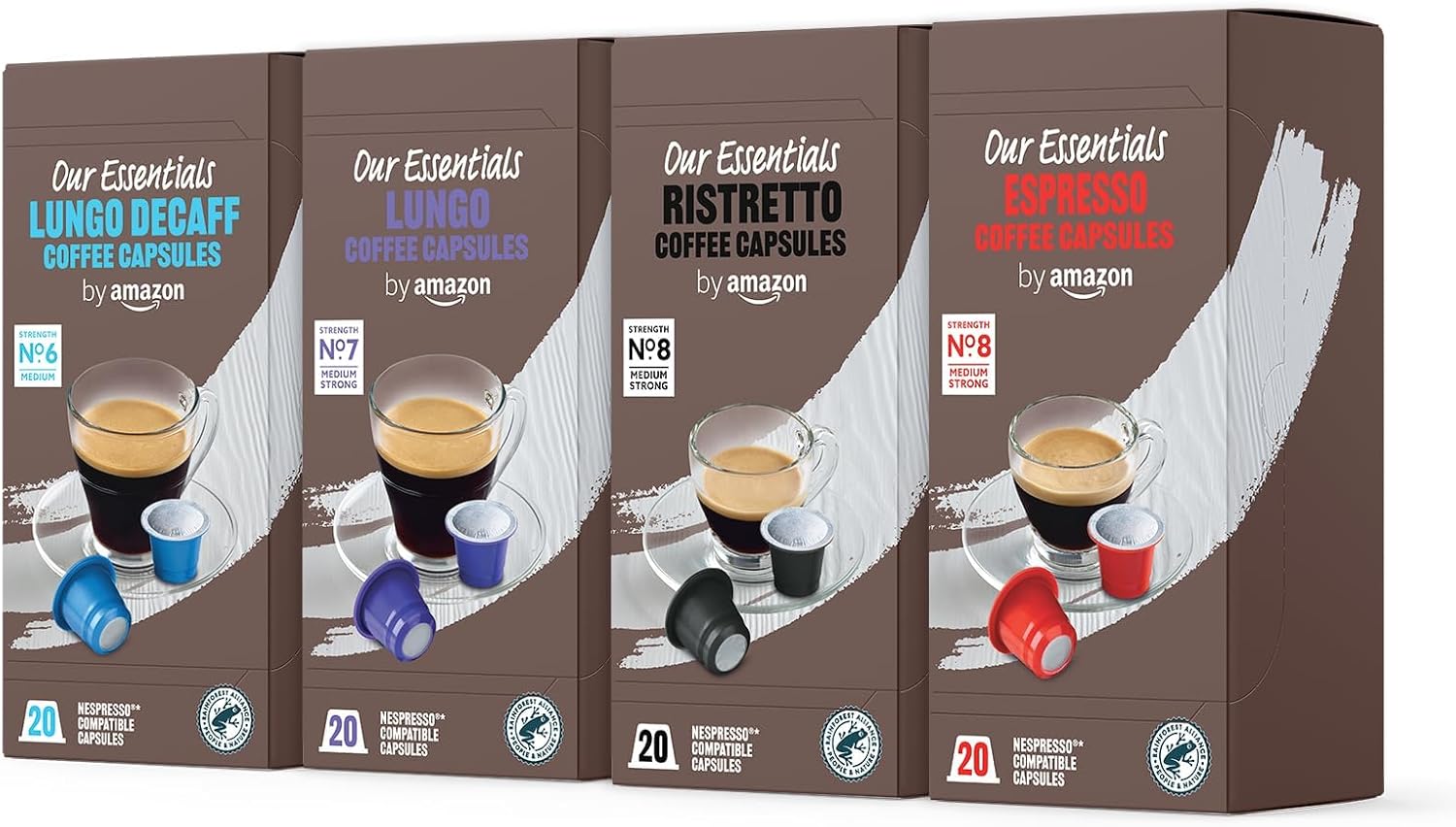 Assortiment Standard de capsules de café compatibles Nespresso, Torréfaction Moyenne, 80 pièces, 4 lot de 20 - Certifié Rainforest Alliance Assortiment Standard 20 unité (Lot de 4)
