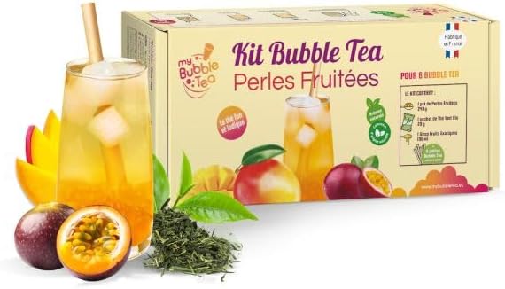 KIT BUBBLE TEA MANGUE - FABRIQUÉ EN FRANCE - 6 BUBBLE TEA - Pailles canne à sucre incluses - Vegan et sans gluten