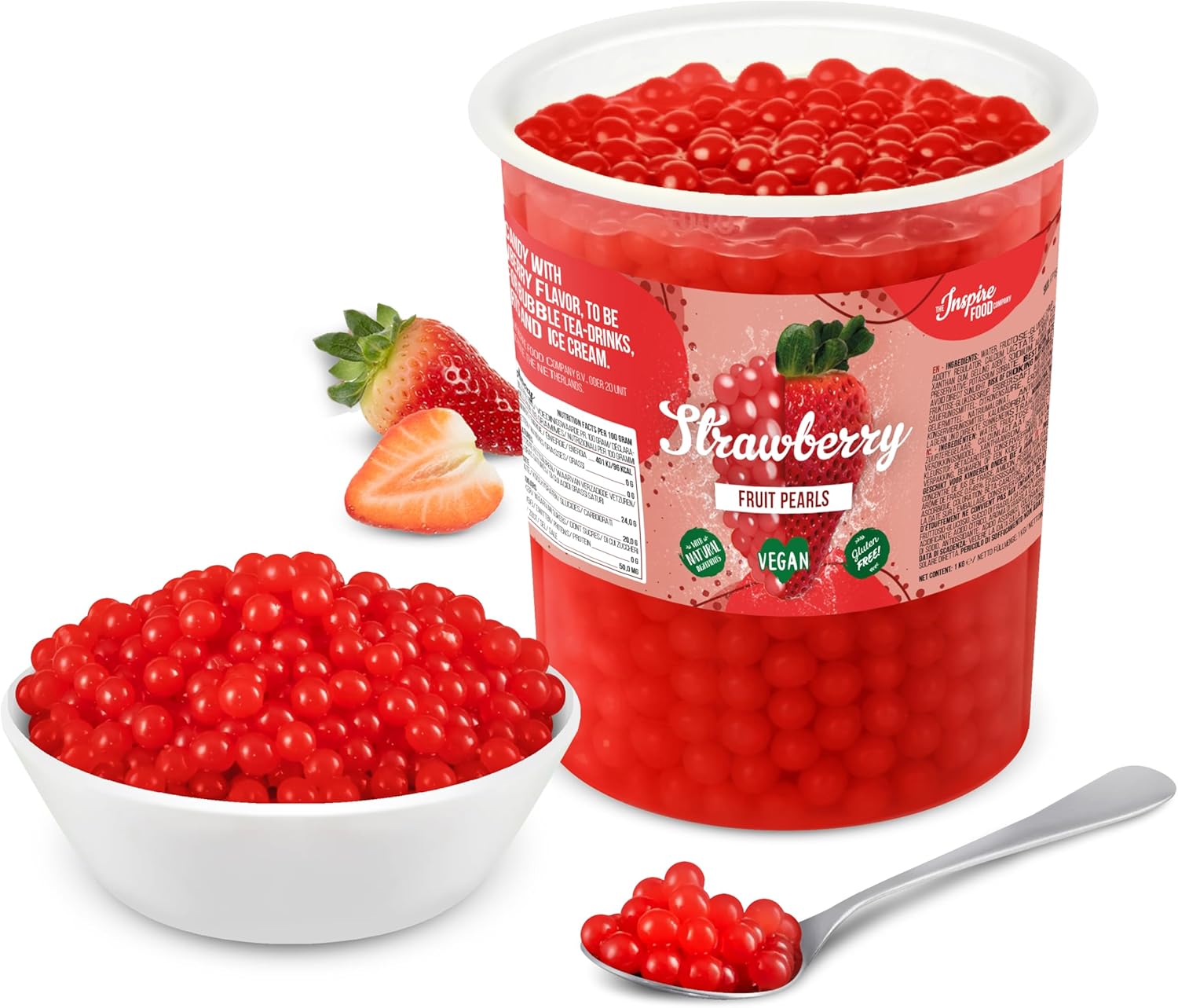 INSPIRE FOOD Bubble Tea Perles Fraise - Bubble tea, perle de tapioca pour bubble tea - 100% vegan et sans gluten, sans colorant artificiel, 1 kg Fraise 1 kg (Lot de 1)