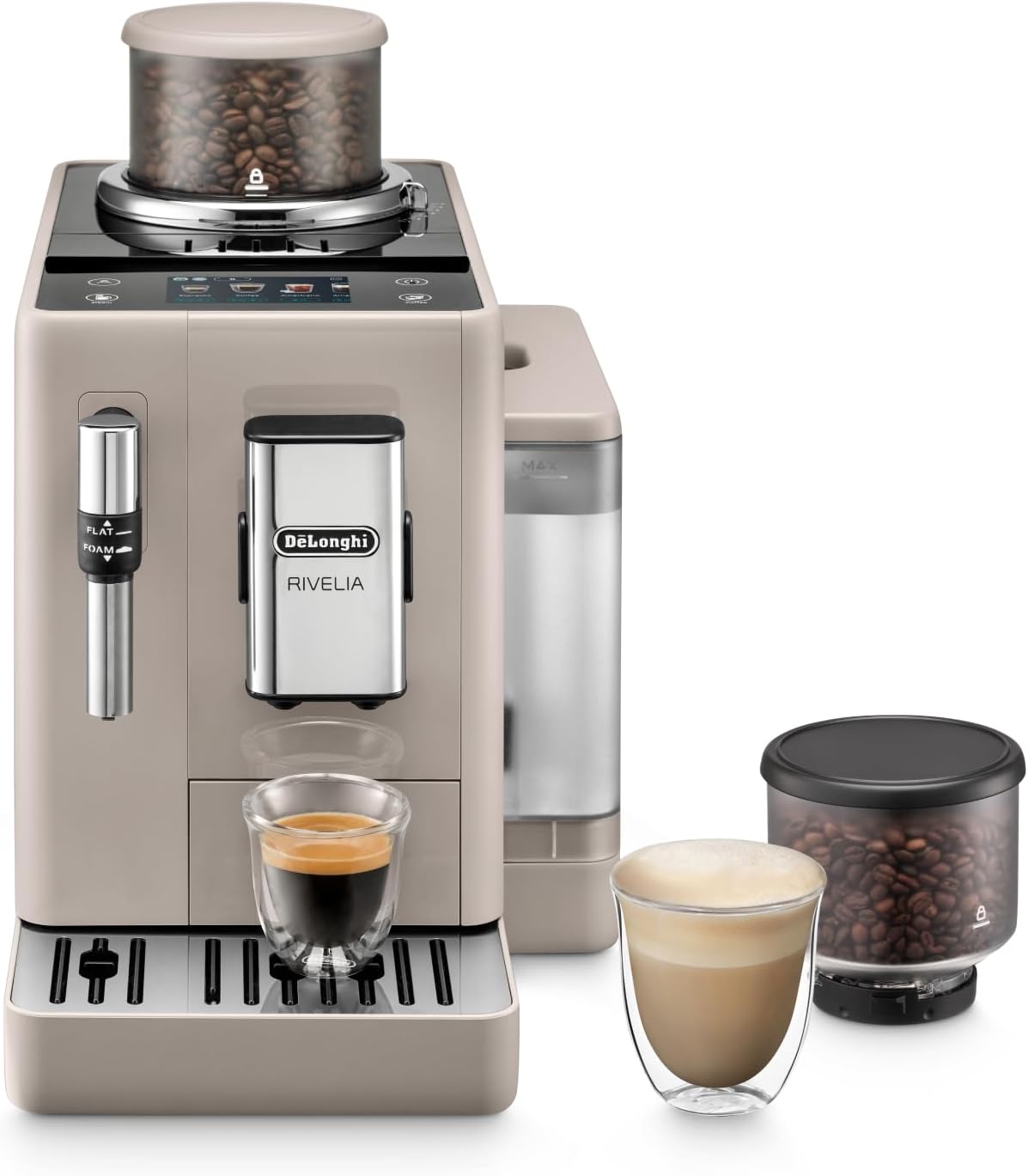 De'Longhi Rivelia EXAM440.35.BG, Machine À Café Grain Automatique, Grains Fraîchement Moulus, Bac à Grains Interchangeable, Buse Vapeur Lait Classique, 8 Recettes, Écran Tactile Couleur, Beige Sable