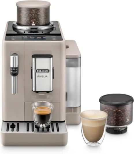 De'Longhi Rivelia EXAM440.35.BG, Machine À Café Grain Automatique, Grains Fraîchement Moulus, Bac à Grains Interchangeable, Buse Vapeur Lait Classique, 8 Recettes, Écran Tactile Couleur, Beige Sable
