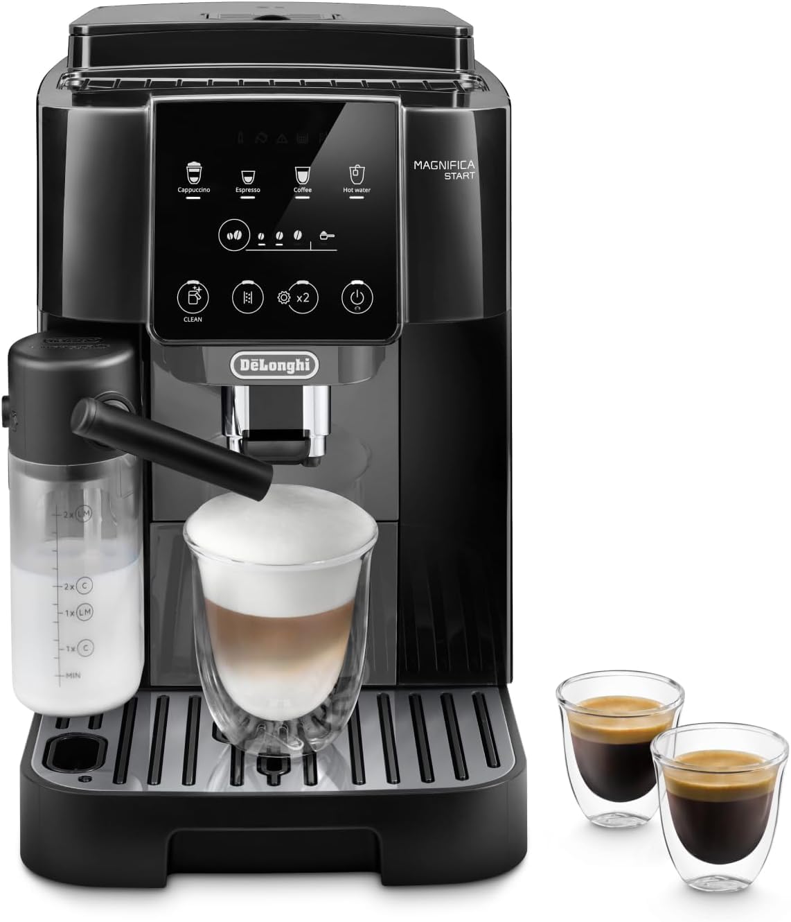 De'Longhi Magnifica Start ECAM222.60.BG, Machine à Café Grain Automatique avec LatteCrema, Cafetière Espresso avec 4 Recettes d'un Seul Toucher, Panneau de Contrôle Tactile Doux, 1450W, Noir Écran tactile/Système de lait/4 boissons