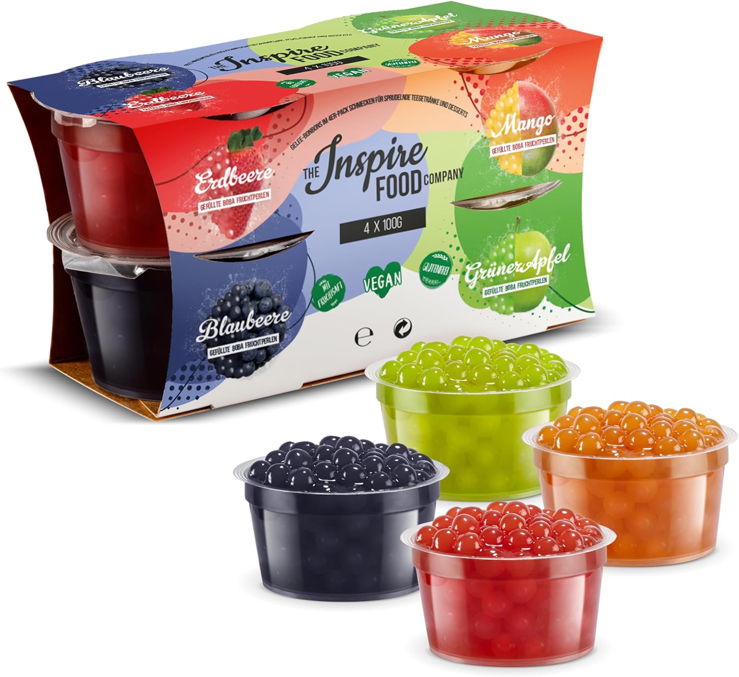 INSPIRE FOOD Bubble Tea Perles 4 paquets Fraise, Mangue, Pomme Verte, Myrtille - Bubble tea, perle de tapioca pour bubble tea - 100% vegan et sans gluten, sans colorant artificiel, 100g chacun