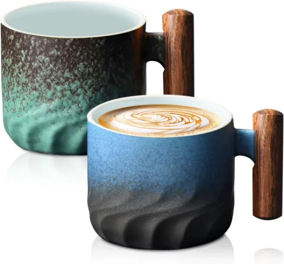 Tasse à Café De Porcelaine, 2 Pièces Tasses à Expresso, Tasse Expresso Avec Poignée En Bois, Tasses à Café En Céramique, Tasse Cappuccino, Vintage Tasse à Café Pour Le Café, Le Lait, Le Thé