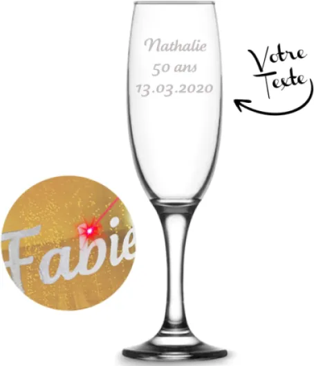 Verre à champagne personnalisé - Gravure prénom ou Texte - Flûte à champagne personnalisable - Cadeau Noël, mariage, anniversaire (Modèle Texte)