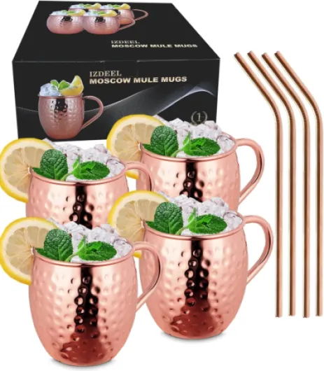 Izdeel Verres Moscow Mule Tasses Cuivre Mugs 550ml Verres pour Cocktail, Rhum, Boissons Froides, Maison, Bar, Fête, La Saint Valentin, Anniversaire Cadeaux, Ensemble (4 Tasses & 4 Pailles) 4 Tasses +4 Paillesrs