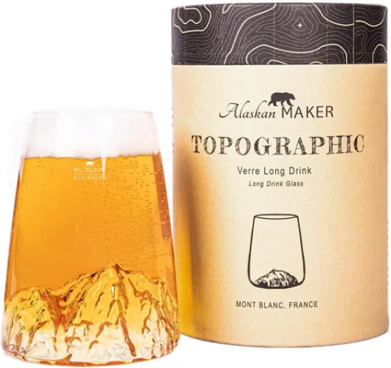 Verre long 450ml - Borosilicate de qualité supérieure soufflé artisanalement avec les montagnes en relief - Cocktail, bière ou soft TOPOGRAPHIC (Mont Blanc)