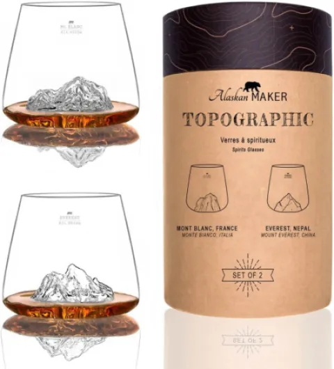 Verres à Whisky 350ml (lot de 2) - Verres Borosilicate de qualité supérieure, soufflés artisanalement avec les montagnes en relief - Forme Tulipe - Spiritueux TOPOGRAPHIC (Everest & Mont Blanc)