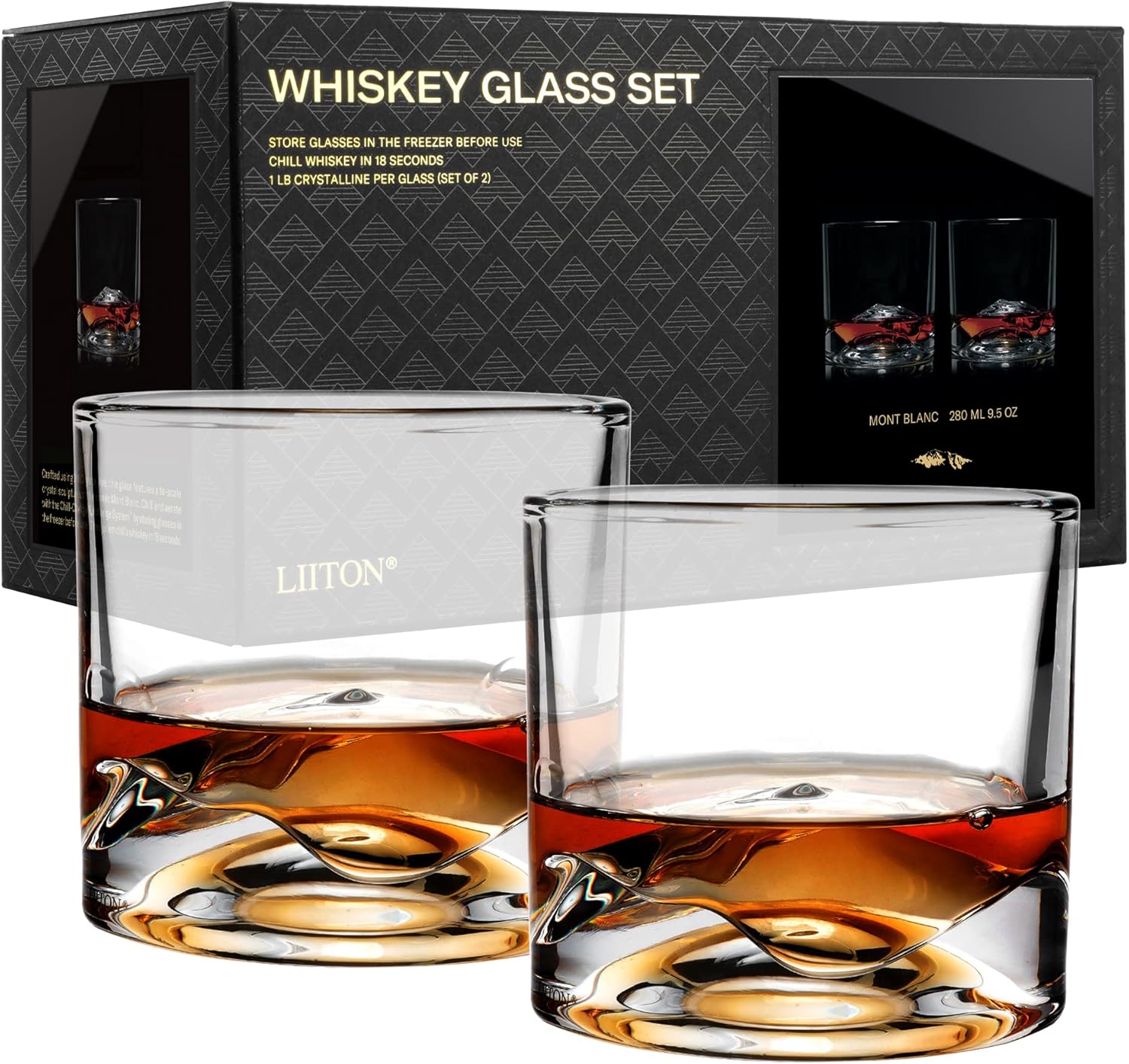 LIITON Mont Blanc Mountain Crystal Bourbon Glasses Coffret cadeau de 2, verre à cocktail à l'ancienne congelable, cadeau de luxe pour homme, 10 oz