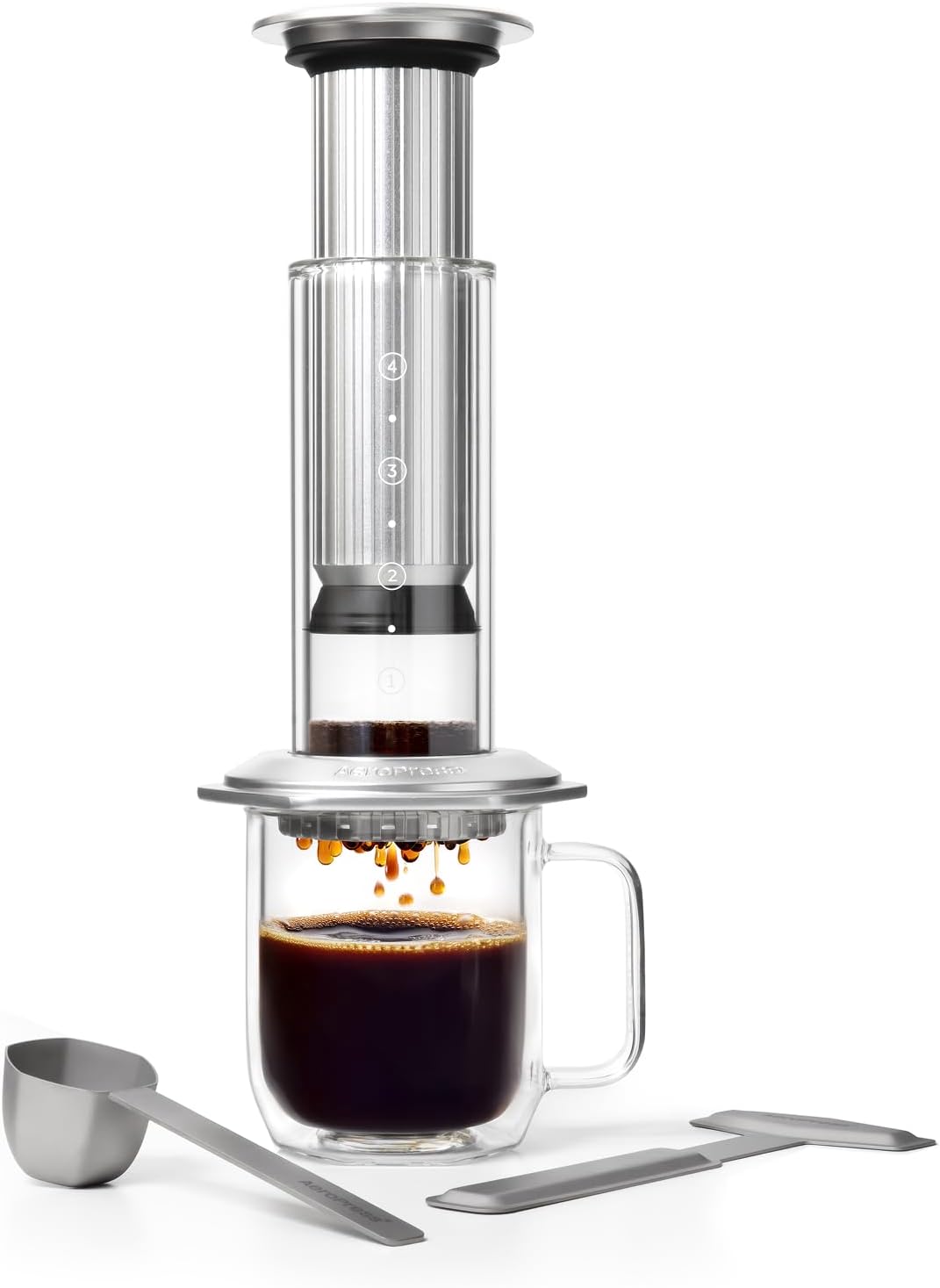 AeroPress Cafetière à piston Premium en verre, acier inoxydable et aluminium, tout-en-un French Press et cafetière expresso manuelle, infusion 2 min pour moins d’amertume et plus de saveur, Argent