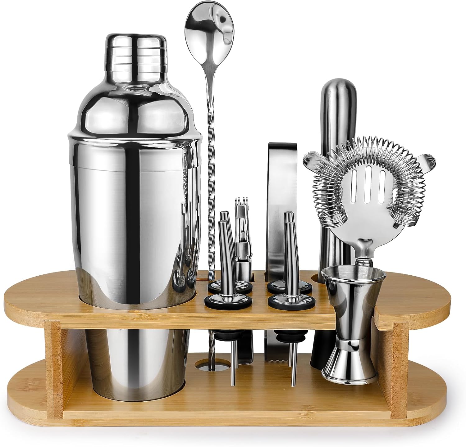 Ensemble Shaker à Cocktails avec Support, Mixeur à Boissons en Acier Inoxydable avec Tous Les Accessoires Essentiels, Kit d'outils de Bar Professionnel, Cadeau pour Homme, Papa, Femme Argenté