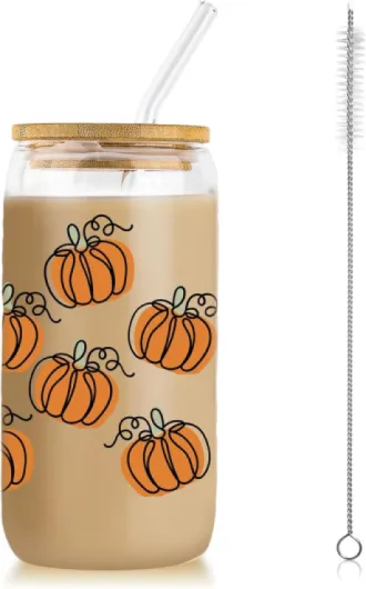 Tasse à Café Glacé d'automne Halloween 480ML avec Couvercle et Paille, Tumbler Verre à Motif Citrouille, Verre à Boire Esthétique, Cadeau pour Thanksgiving
