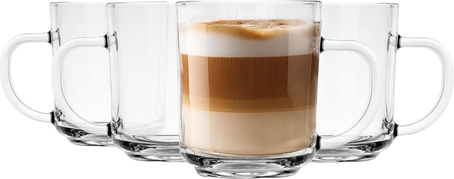 Glasmark Krosno Lot de 4 verres à latte macchiato, à cappuccino, à thé, avec poignée, verres à dessert, à eau, à café, à vin chaud, à café glacé, à vin chaud, à grog, 4 x 250 ml 10.2 cm x 8.8 cm
