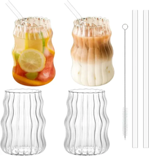 530ml Verres à Bulles Avec Paille - Set de 4 Résistants au Froid et à la Chaleur Striés, Wave Tumbler Pour Latte Macchiato, Café Glacé, Whisky, Cocktails, Yaourt, Soda Transparent