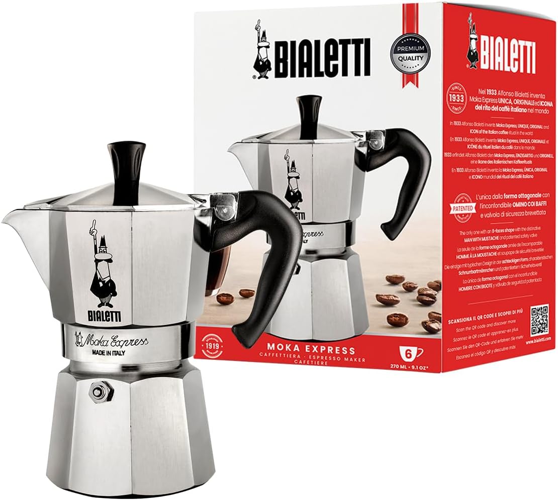 Bialetti Moka Express Iconic Italian Stovetop Espresso Maker (Natural Silver, 6 Cups) 6 Cups Silver