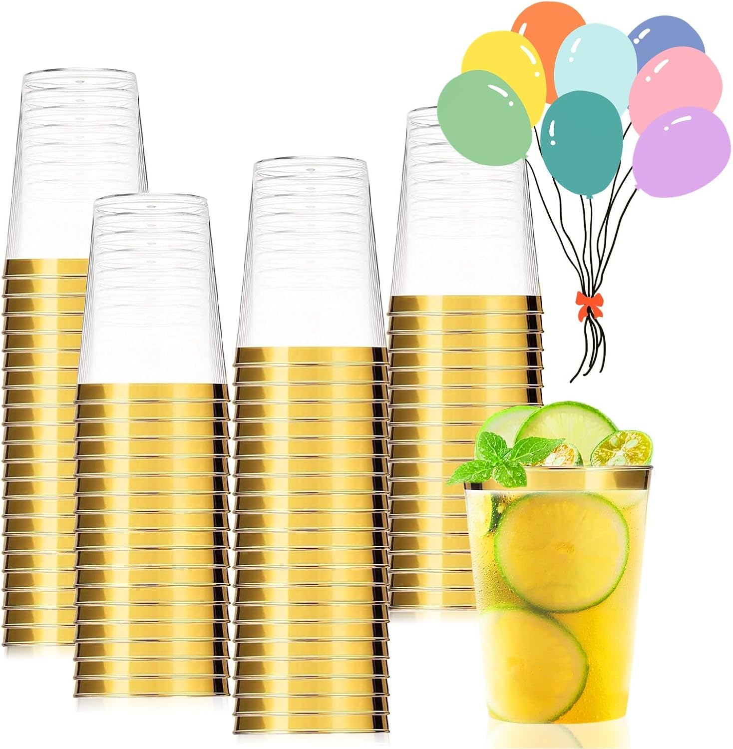 Lot De 50 Gobelets Transparents Avec Bord Or En Rigide Réutilisables De 280 ml Pour Fête D'anniversaire, Mariage Et événements, Cocktail, Martini, Soda, Dessert