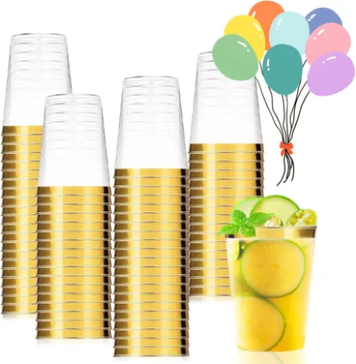 Lot De 50 Gobelets Transparents Avec Bord Or En Rigide Réutilisables De 280 ml Pour Fête D'anniversaire, Mariage Et événements, Cocktail, Martini, Soda, Dessert