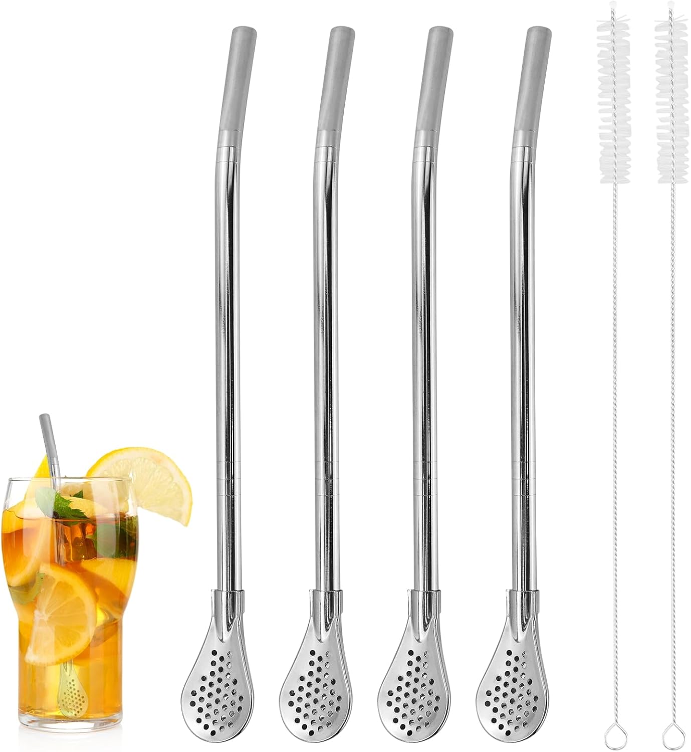 4 Pièces Pailles en Acier Inoxydable avec Cuillère Filtrante, Cuillère à Paille Filtrante, Pailles de Bombillas Réutilisables à Cuillère avec 2 Brosses de Nettoyage pour thé en Vrac, Café, Boissons