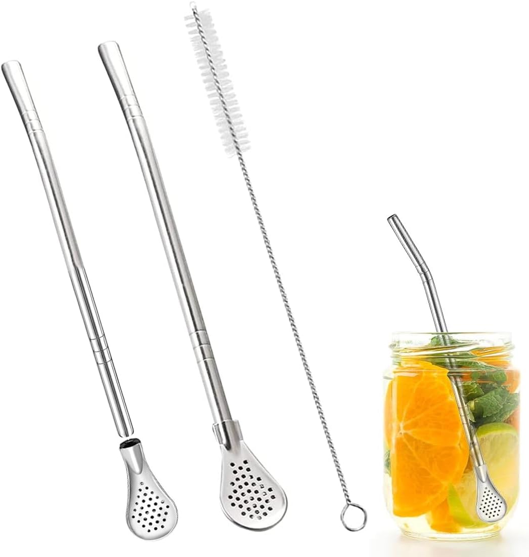 Lot de 2 pailles filtrantes à thé,en forme de cuillère,en acier inoxydable,lavables au lave-vaisselle,avec brosse