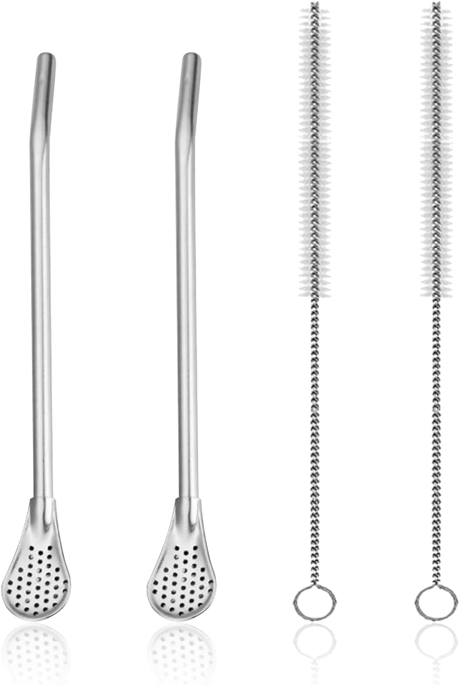 Lot de 2 cuillères à paille et 2 brosses en acier inoxydable, pailles polyvalentes, gobelets Yerba maté en acier inoxydable, accessoires pour boire du thé, cuillère filtrante, convient pour le thé, le