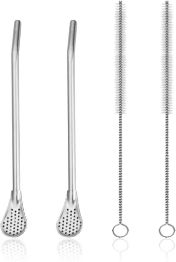 Lot de 2 cuillères à paille et 2 brosses en acier inoxydable, pailles polyvalentes, gobelets Yerba maté en acier inoxydable, accessoires pour boire du thé, cuillère filtrante, convient pour le thé, le