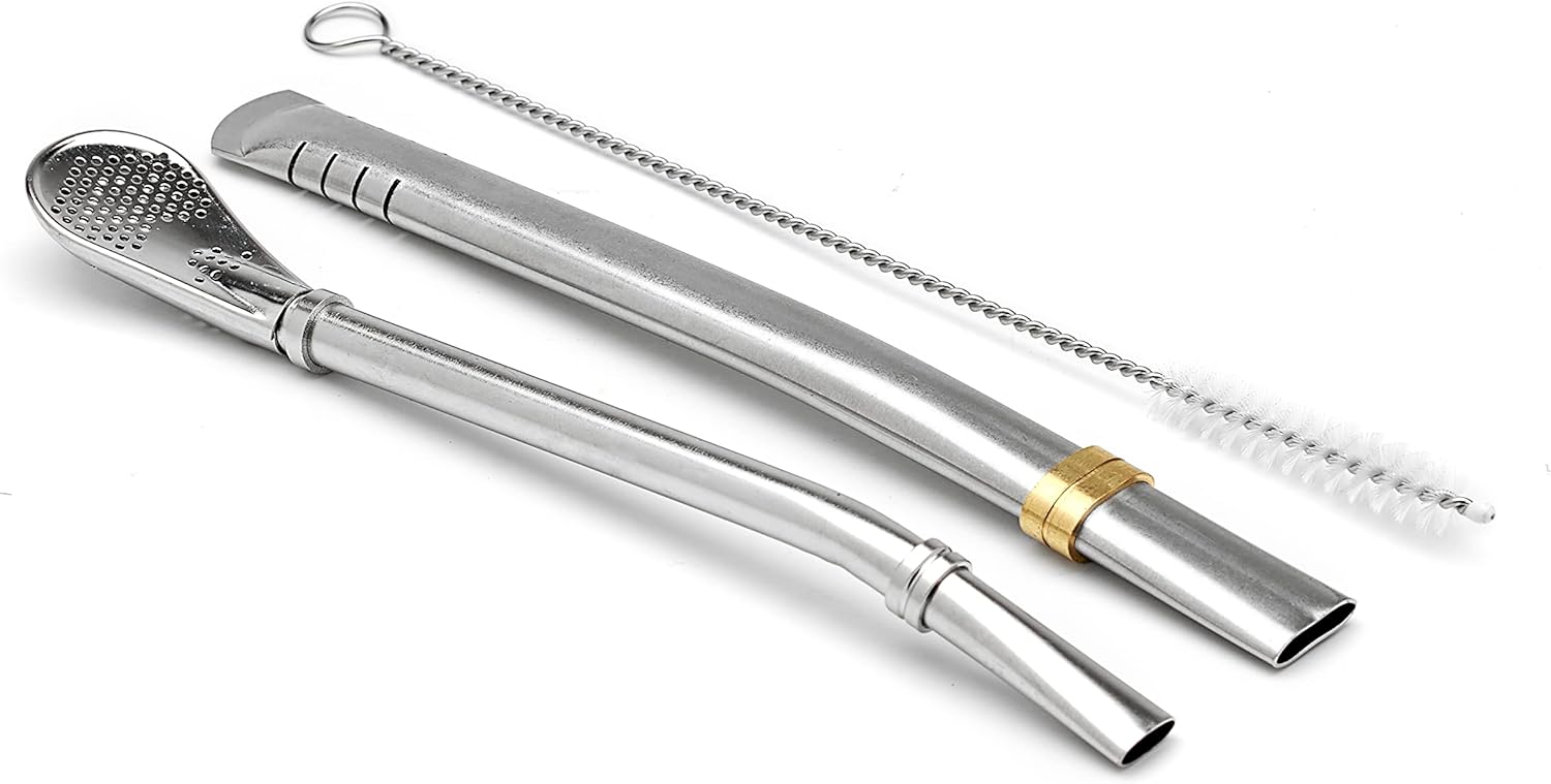 Paille en acier inoxydable Yerba Mate - Bombillas pour Mate Gourd - Brosse de nettoyage fournie - Longueur de 16 cm (ARGENTÉ SET DE 2)