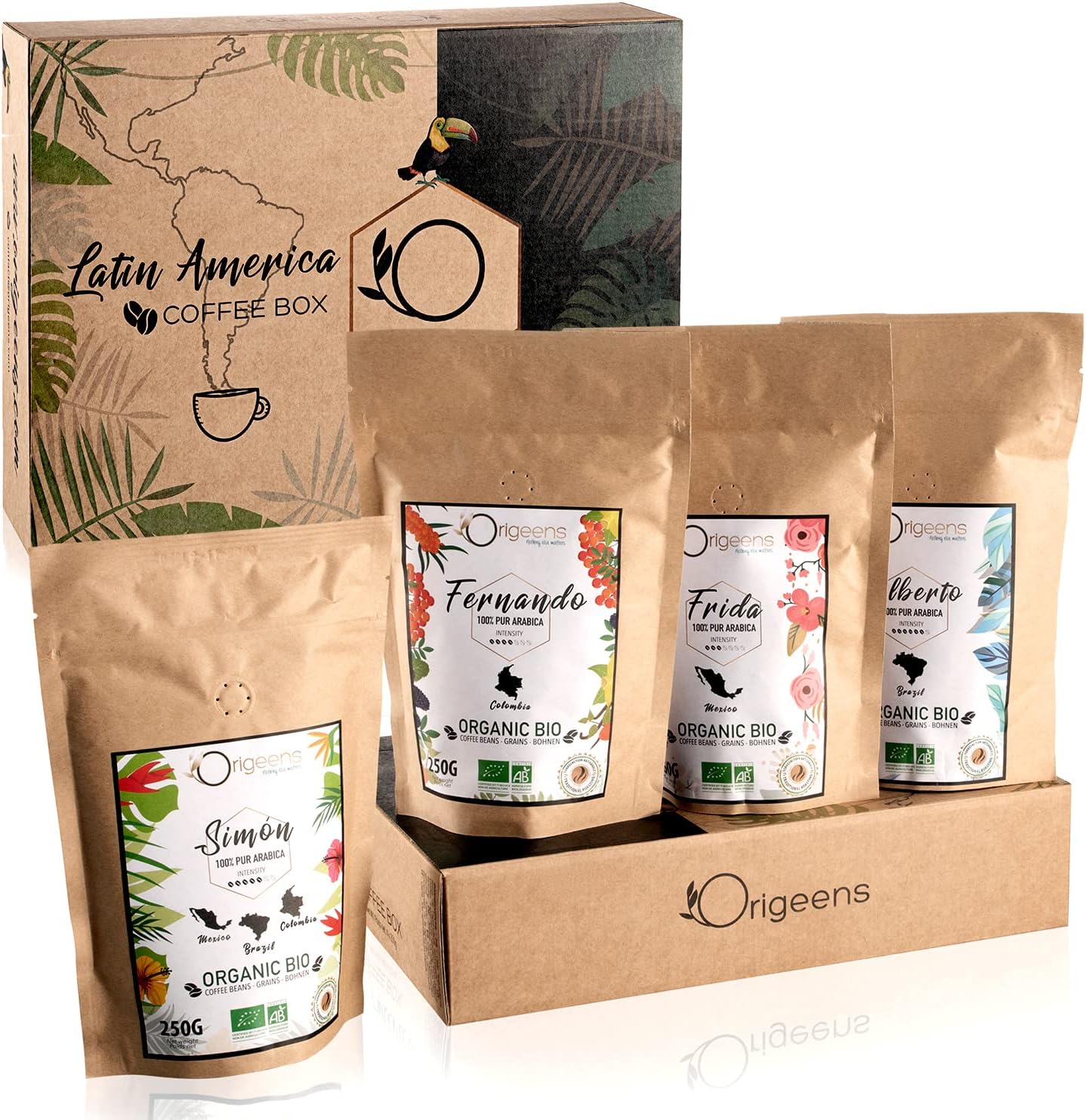CAFE GRAIN 1kg BIO - Café en Grain Arabica - Coffret café dégustation, Torréfaction Artisanale, 4x250g - Idée Cadeau Coffret grain 250 g (Lot de 4)