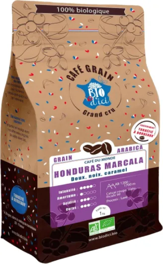 Bio d'Ici - Café Bio Marcala (Honduras) - Doux, Noix, Caramel - 1kg Café en grain - 100% Arabica - Torréfié Artisanalement en France - Haute Qualité Marcala - Honduras 1 kg (Lot de 1)