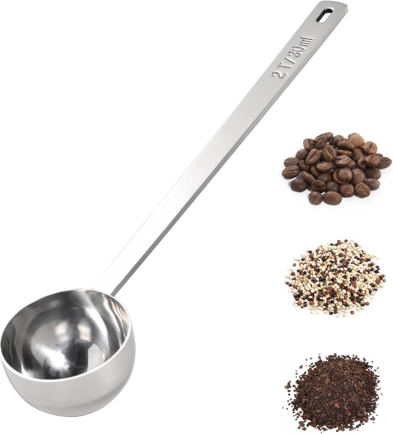 Cuillère doseuse à café en acier inoxydable 18/8, 21,8 cm, manche extra long, pour grains de café moulus, expresso, protéines en poudre, thé (30ml, Argenté) M-30ml