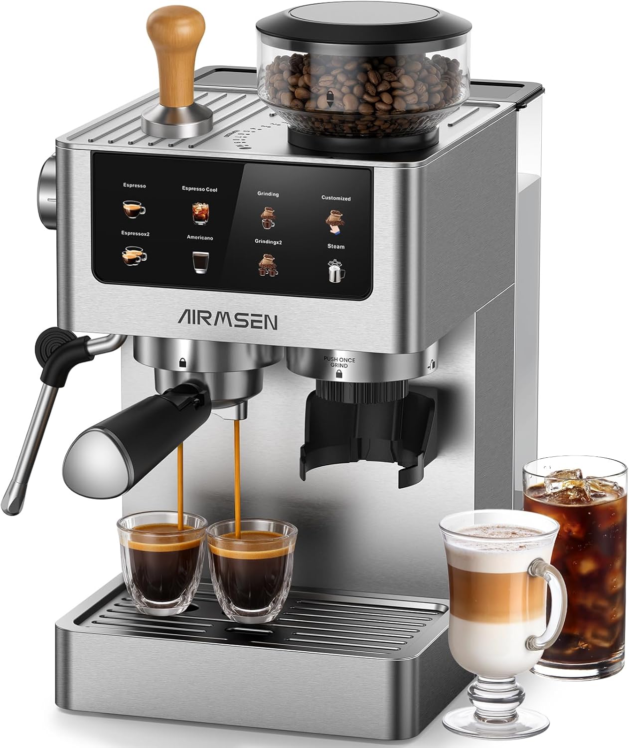 Espresso Machine à Café Grain à Tasse avec Mousseur à Lait - Programmable, Écran Tactile Couleur, Compatible Café Froid (Cold Brew) et Americano, En Acier Inoxydable, Réservoir 1.8L Machine a Cafe Grain