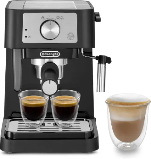 De'Longhi Stilosa EC 260.BK – Machine à porte-filtre traditionnelle avec tambour, mousseur à lait professionnel pour poudre expresso ou ESE, réservoir d'eau de 1 l, noir, 1100 W