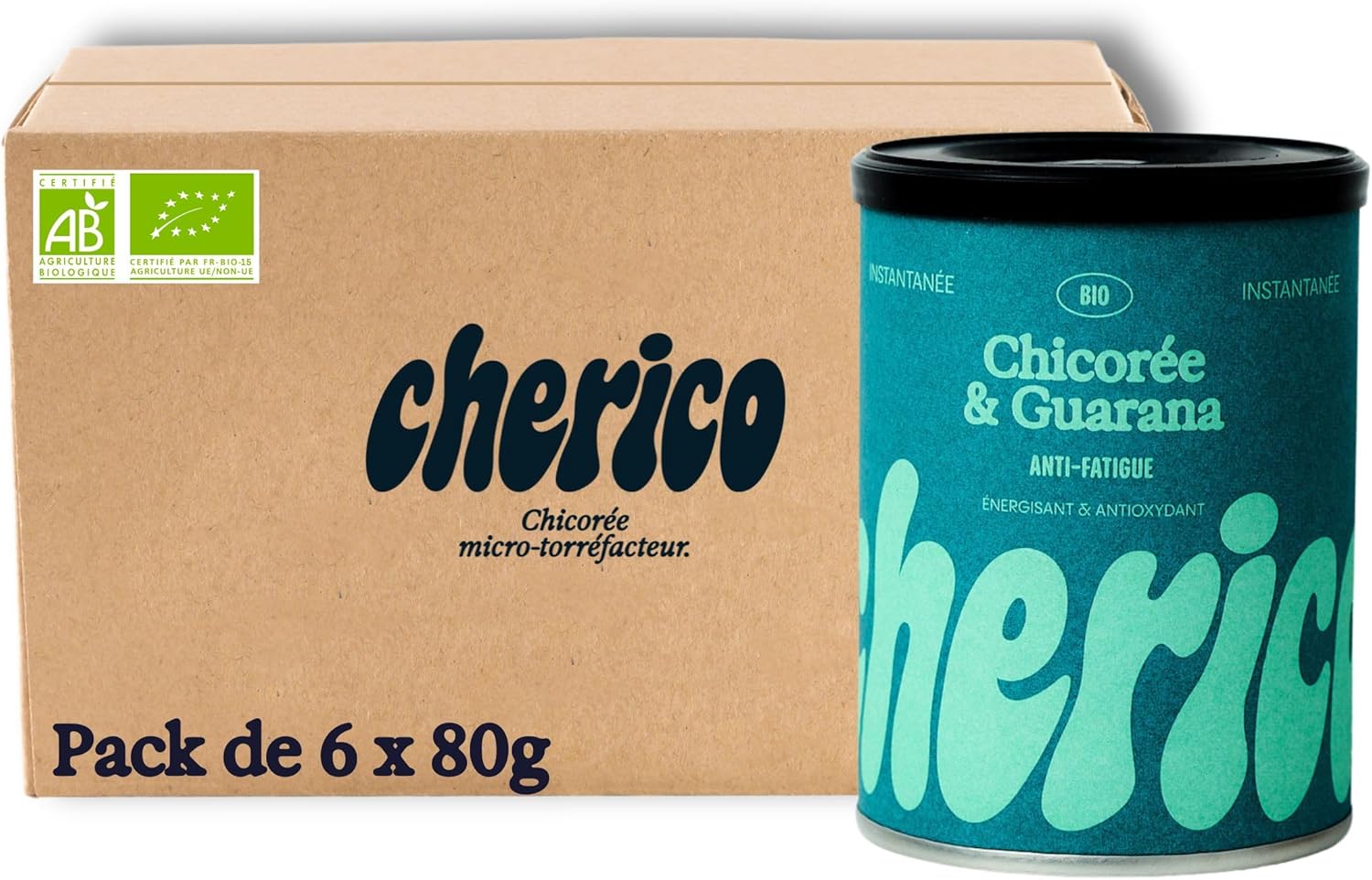 Chicorée soluble bio avec guarana – Pack de 6 x 80g - Chicorée bio avec guarana - Riche en fibres et caféine - Chicorée d'origine végétale - Notes caramel et noisettes Guarana - Bio