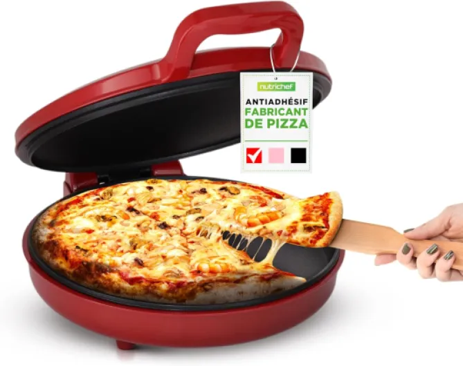 Four à Pizza Électrique 1500W - Appareil de Cuisson Antiadhésif Ø30 cm - Prépare Pizzas Maison, Œufs, Tartines & Plus - Compact, Poignées Froides, Température 80-200°C - Rouge