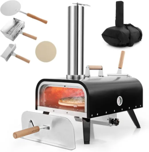 Four à Pizza à Bois ou à Pellets, Four à Pizza Extérieur, Température Max - 350℃~400℃, Cuisson Facile avec Thermomètre, Pierre à Pizza Rotatif, Pelle à Pizza, Pelle à Bois, Housse de Protection Pierre Rotative
