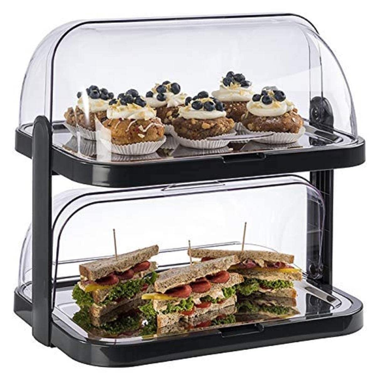 APS Buffet Showcase "Double Decker" - 2 capots transparents s'ouvrant des deux côtés, 2 plateaux en acier inoxydable, 4 batteries de refroidissement, rangement peu encombrant - Made in Germany Noir À deux étages