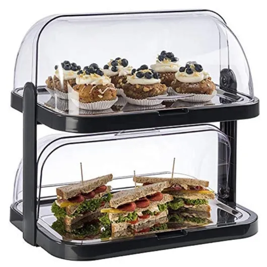 APS Buffet Showcase "Double Decker" - 2 capots transparents s'ouvrant des deux côtés, 2 plateaux en acier inoxydable, 4 batteries de refroidissement, rangement peu encombrant - Made in Germany Noir À deux étages