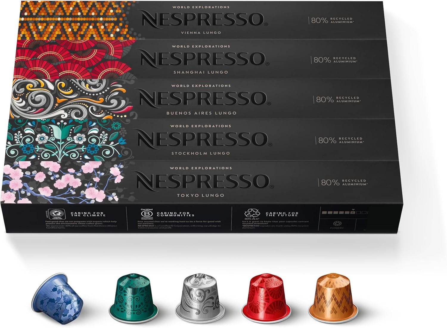 Original - Bundle 50 Capsules de Café - Lungo Explorations, Torréfaction Mixte - 10x Tokyo - 10x Stockholm - 10x Buenos Aires - 10x Vienna - 10x Shanghai