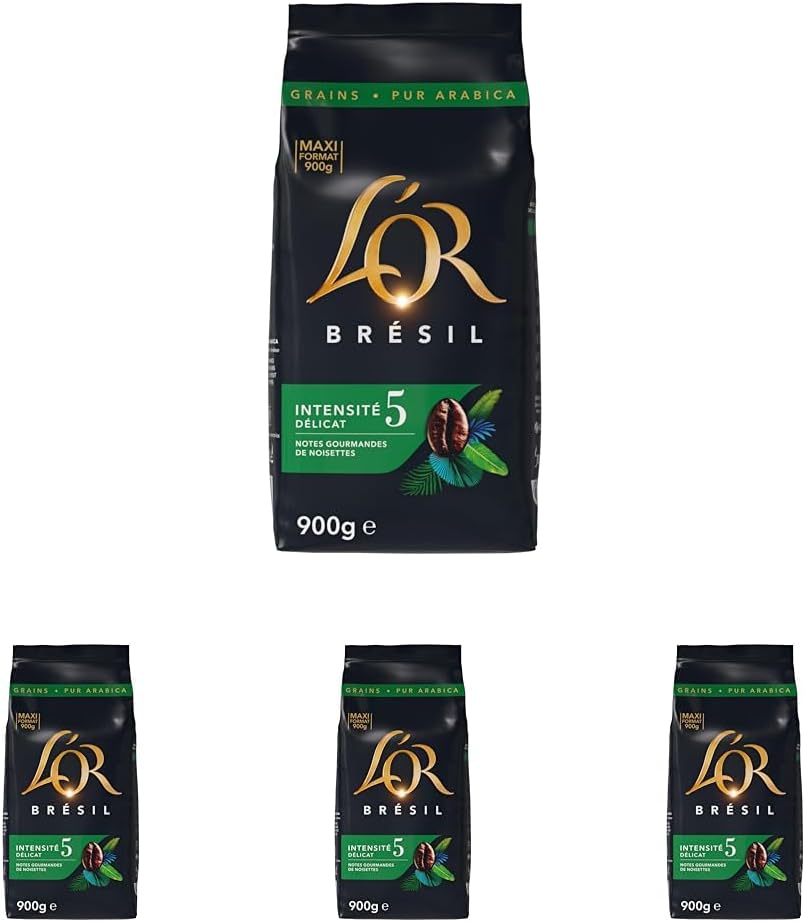 L'OR, 900G Café en Grains Sélection Perle du Brésil, 100% Arabica, Intensité 5 de Torréfaction (Lot de 4) Brésil 900 g (Lot de 4)