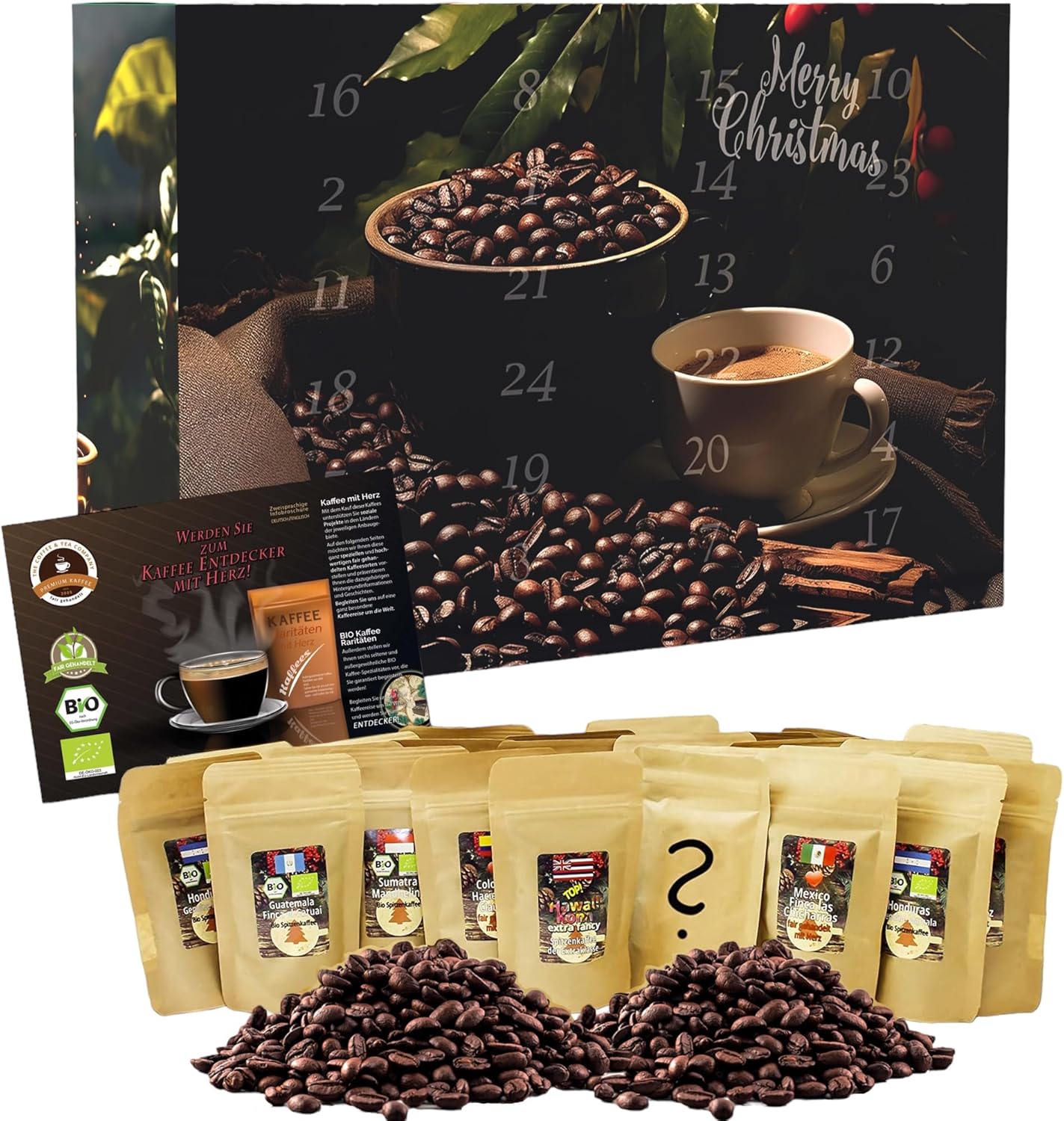 C&T XL Coffee Advent Calendar Organic/Fair (Whole Beans) 2025 avec 24 cafés Bio, rares et équitables à 20 g + Surprise dans Le Calendrier