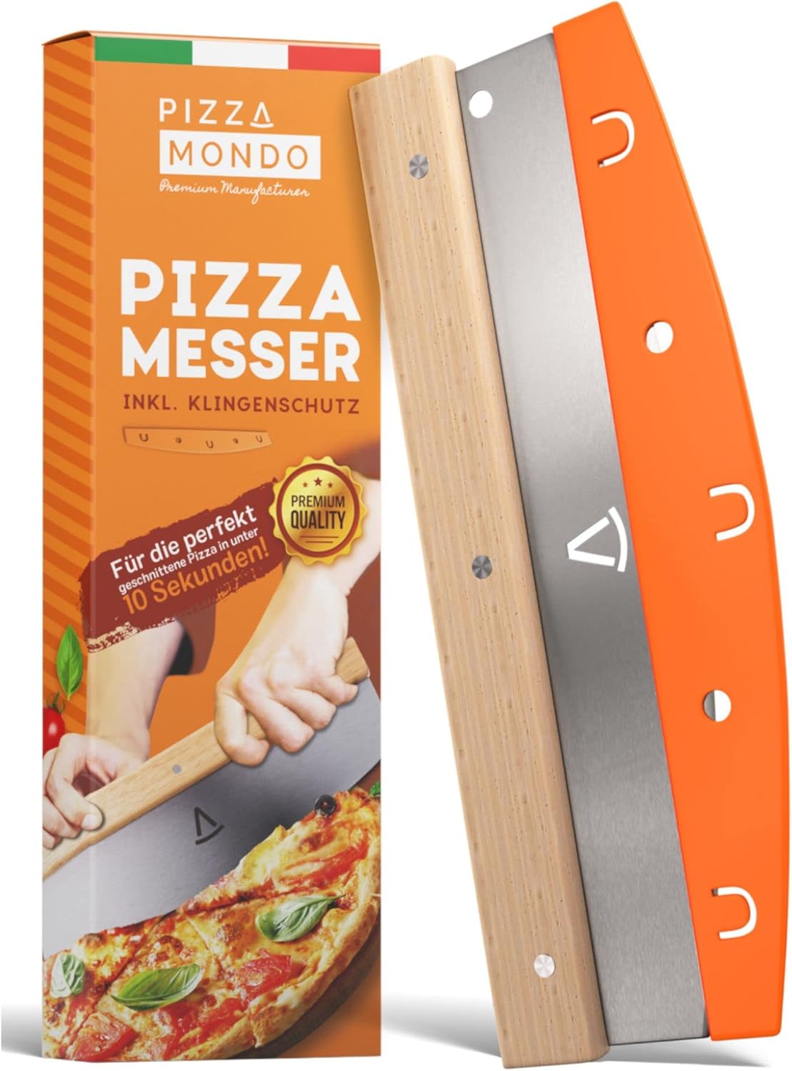 Pizza Cutter - Couteau à pizza professionnel plus efficace que le rouleau à pizza - Couteau a pizza premium en acier inoxydable 32cm avec manche en bois - Découpe rapide et régulière